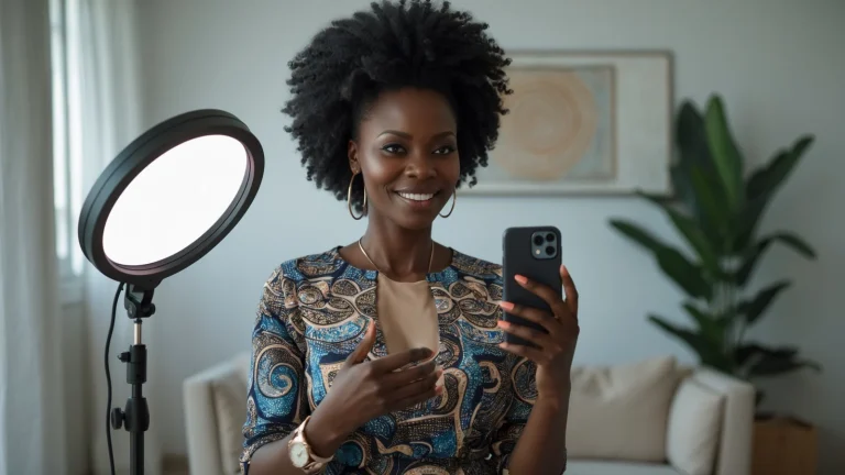 Formatrice africaine faisant la promotion de sa formation en ligne sur Instagram avec son téléphone