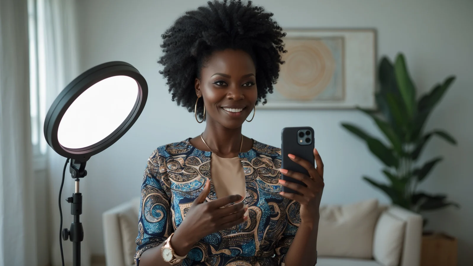 Formatrice africaine faisant la promotion de sa formation en ligne sur Instagram avec son téléphone Formatrice africaine faisant la promotion de sa formation en ligne sur Instagram avec son téléphone