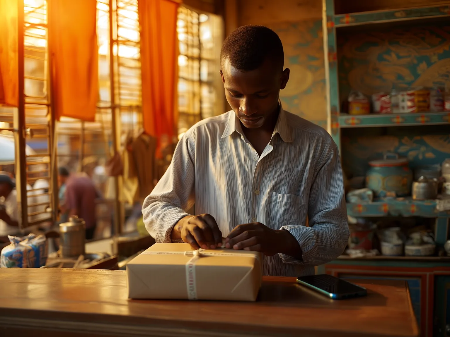 Vendre sur WhatsApp : le guide pour les commerçants 2 Commerçant préparant une commande à livrer à Dakar